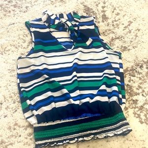 Papaya neck tie blouse. Size Medium. Blue, white, green stripe.